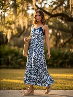Kindred Blue Printed Sleeveless Maxi Dress